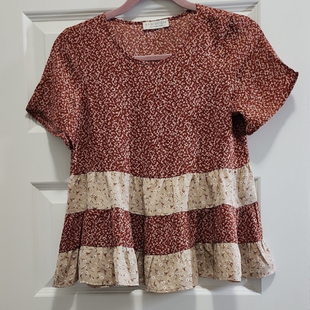 Women's Red Cream Ditzy Floral Flowy Lightweight Top by Paper Crane SZ XS